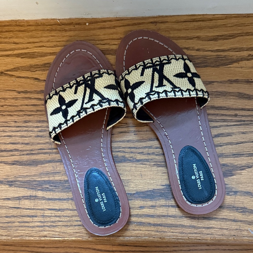 Louis Vuitton Beige & Black Monogram Slide Sandals - Picture 3 of 3